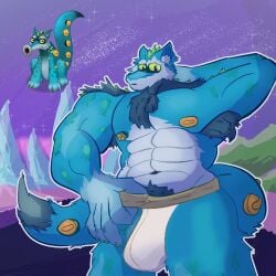 1boy anthro anthro_on_anthro bara blue_fur blue_hair blue_skin buff bulge bulge_through_clothing bulge_under_clothes confused confused_expression confused_face confused_look ethereal_monster fox fox_ears fur grabbing_thong male male_only muscular muscular_anthro muscular_male muscular_male_only my_singing_monsters saxophone sexy sox_(msm) white_thong zacharoo0731_(artist)