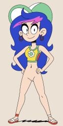 arcee_(arceestarfan) arcee_(prime) arcee_occharacter blue_hair bottomless bottomless_female green_and_white hat oc_character pink_tip princess_daisy_(swimwear) request sandals smooth_skin standing the_loud_house vagina vivziepop