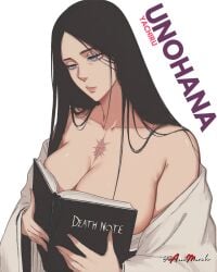 ai_generated big_breasts bleach death_note death_note_(object) expressionless mature_female milf ouch_meme scar scar_on_chest unohana_retsu