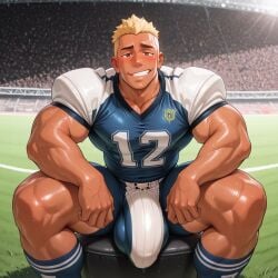 1boy ai_generated american_football american_football_uniform big_bulge blonde_hair blush brown_eyes bulge civitai day daytime embarrassed football football_(american) football_field football_player football_uniform hands_on_thighs long_socks looking_at_viewer looking_embarrased male male_focus male_only massive_bulge muscular muscular_male nervous nervous_smile nervous_sweat original original_character precum precum_drip precum_on_penis precum_through_clothing public public_indecency shirt short_hair short_sleeves shorts sitting sitting_down sitting_on_chair smile smiling smiling_at_viewer socks stadium stadium_background sun sunny sweat sweatdrop sweating sweaty sweaty_body tan_body tanned tanned_male tanned_skin uniform