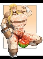 1girls abs artist_request blonde_hair huge_breasts muscular muscular_female smile tagme watermelon