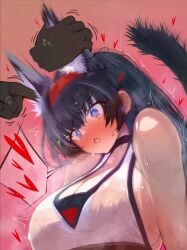 1girls 2025 animal_ear_fluff animal_ears arknights black_hair blaze_(arknights) blue_eyes blush cat_ears cat_tail catgirl cleavage doctor_(arknights) ears_up heavy_breathing hi_res long_hair matatamae sensitive simple_background tail