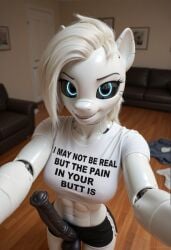 ai_generated anthro futanari horsecock penis pony robot selfie shirt shorts text