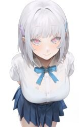 bangs big_breasts edit leaning_forward looking_at_viewer medium_hair miniskirt neck_ribbon ohisashiburi pink_eyes pleated_skirt pointy_ears queen_of_spades red_eyes school_uniform see-through skirt smile solo subtle tattoo transparent_shirt very_subtle white_hair white_shirt