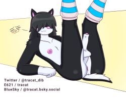 absurd_res anus ass black_body canid canine canis clothed clothing domestic_dog footwear footwear_only genitals hi_res humanoid male mammal mostly_nude multicolored_body partially_clothed penis pink_nose socks socks_only solo tail tracat