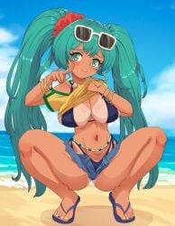 2024 big_breasts bikini blue_bikini blue_hair blush blush brazilian_miku breasts cleavage feet female female_only flip_flops green_eyes green_nails hatsune_miku long_hair painted_nails painted_toenails shirt_lift short_shorts shorts squatting sunglasses sunglasses_on_head tanline tanned_female tanned_skin thighs tied_hair vocaloid white_nails yellow_nails zuchysdraws