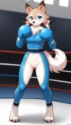 1girls 2025 ai_generated anthro blue_eyes blushing boxing boxing_gloves brown_fur crotchless digitigrade female female_only generation_7_pokemon hi_res indoors innie_pussy looking_at_viewer lycanroc midday_lycanroc nintendo pokemon pokemon_(species) pussy white_fur