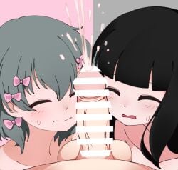 1boy 2girls bar_censor black_hair blunt_bangs blush bow censored closed_eyes closed_mouth collarbone completely_nude crossover cum ejaculation flower green_hair hair_between_eyes hair_flower hair_ornament hairbow highres inabakumori iyowa_girls kurari-chan_(iyowa) kyu-kurarin_(cevio) long_hair multiple_girls multiple_hair_bows nazunobasho nude open_mouth osage_(nukunuku_nigirimeshi) penis pink_bow pink_flower pov short_hair sidelocks split_theme straight sweat testicles variant_set veins veiny_penis