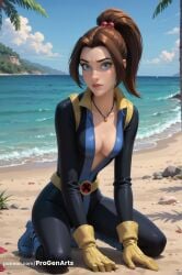 1girls ai_generated artist_name beach belt blue_eyes blue_footwear blue_sky bodysuit boots breasts brown_hair center_opening cleavage cloud collarbone day full_body gloves hair_ornament hi_res high_ponytail jewelry kitty_pryde kneeling lips long_hair looking_at_viewer marvel marvel_comics medium_breasts necklace no_bra nose ocean open_bodysuit outdoors palm_tree patreon_username ponytail progenarts rock sand seashell shadowcat shell sky solo tree water watermark web_address x-men x-men_evolution yellow_gloves