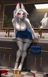 absurd_res alcohol anthro artist_collaboration bathroom beverage big_breasts blue_clothing blue_dress blue_eyes blue_eyeshadow bodily_fluids breasts canid canine claws cleavage clothed clothing detailed_background dress eyeshadow female footwear fur genital_fluids hair hi_res high_heels inner_ear_fluff inside kuroame lips makeup mammal mirror mirror_reflection panties panties_down partially_clothed platform_footwear platform_heels purse qrichy reflection shoes skindentation smile solo spilled_drink thigh_gap tuft underwear underwear_down vaginal_fluids white_body white_fur white_hair wine wine_bottle