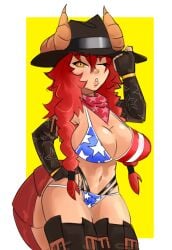 big_breasts bikini cow_girl flag_bikini flag_print horns mofeta02 orange_eyes red_hair tail vtuber vtuberfanart zentreya zentreya_(dragon)