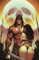 1boy 1girls ass_focus blood blood_stain conan conan_the_barbarian_(series) handprint handprint_on_ass looking_at_viewer muscular_male pinup tagme thick_thighs