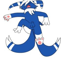 1:1 2_tails animal_genitalia balls blue_body blue_fur feral fur generation_6_pokemon genitals hi_res indigo_blue male meowstic multi_tail nintendo open_mouth pawpads pokemon pokemon_(species) sheath sleeping solo tail