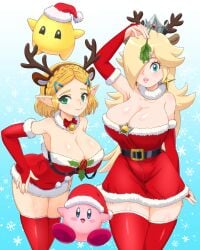 2024 antler_headband armpits big_breasts black_eyes blonde_hair blue_background blue_eyes breasts christmas cleavage crown female female_focus green_eyes holding_mistletoe kirby kirby_(series) long_hair luma male mario_(series) mistletoe nintendo pink_lips pink_lipstick princess_rosalina princess_zelda santa_costume short_hair sleeves star the_legend_of_zelda thick_thighs thighhighs thighs white_background zuchysdraws