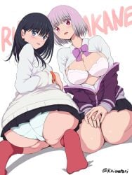 2girls ass black_hair black_skirt blue_eyes bow bra breasts cameltoe cardigan character_name collared_shirt dress_shirt dutch_angle gridman_universe huge_ass jacket large_breasts long_hair long_sleeves looking_at_viewer looking_back microskirt multiple_girls niwatori_kokezou off_shoulder open_clothes open_mouth open_shirt orange_scrunchie own_hands_together panties pleated_skirt purple_bow purple_hair purple_jacket red_eyes school_uniform scrunchie seiza shinjou_akane shirt short_hair sitting skirt squatting ssss.gridman takarada_rikka take_your_pick thick_thighs thighs underwear unzipped white_bra white_panties white_shirt wide_hips wrist_scrunchie zipper_pull_tab