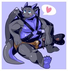 1boy blue_eyes blush bondage bulge chubby cum dragon fat gazpacho harness heart horns male male_only paws scalie smile solo wings