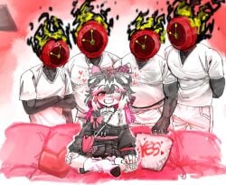 1boy 1girls 4boys black_clothing black_hair blush bow collar dante_(limbus_company) dark-skinned_male eyepatch heart heart-shaped_pupils inviting jang_schna joke limbus_company looking_at_viewer meme meme_reference multiple_boys muscular_male not_porn one_eye_obstructed pink_hair presenting project_moon short_hair smile squatting tail thick_thighs udiedguy white_hair