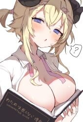 1girls ? @_@ blonde_hair blue_eyes blush book breasts cleavage collarbone collared_shirt covering_breasts covering_privates curled_horns from_side hair_ornament hairclip heart heart_hair_ornament highres holoforce hololive hololive_japan horns large_breasts long_hair long_sidelocks looking_at_viewer looking_to_the_side low_side_ponytail meme meme_reference official_alternate_costume official_alternate_hairstyle open_clothes open_mouth open_shirt orobou ouch_meme purple_ribbon ribbon shadow sheep_girl sheep_horns shirt sidelocks simple_background speech_bubble spoken_question_mark tsunomaki_watame tsunomaki_watame_(school_uniform) upper_body virtual_youtuber white_background white_shirt x_hair_ornament