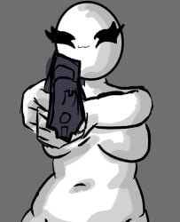 :3 aiming aiming_at_viewer bald bald_female belly belly_button black_eyes breasts chetoh chubby chubby_female claire_(chetoh) egg eyes_squinting female grey_background gun holding_gun holding_object looking_at_viewer naked naked_female oc original original_character waist_up white_body