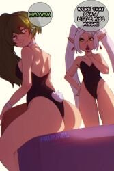 2girls artist_name ass bare_thighs bunny_girl bunnysuit choker cuffs_(clothing) elf elf_ears elf_female female female_focus female_only frieren frimmel green_eyes green_hair long_hair pointy_ears purple_eyes simple_background sousou_no_frieren thick_thighs thighs tied_hair twintails ubel_(sousou_no_frieren) whistle white_background white_hair