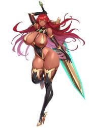 1girls 2024 armwear big_breasts big_sword cleavage dark-skinned_female dark_elf dark_skin elf elf_ears elf_female female female_only gurimjang heels hi_res high_heels huge_breasts legwear long_hair looking_at_viewer original original_character red_hair revealing_clothes smiling smiling_at_viewer solo sword thick_thighs white_background wide_hips yellow_eyes