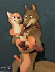 3d absurd_res animal_genitalia animal_penis anthro balls belly black_nose blender_(artwork) brown_body brown_fur canid canine canine_genitalia canine_penis canis carrying_another claws cream_belly digital_media_(artwork) disney duo english_text erection feet fluffy fluffy_tail fox front_view fur genitals gloves_(marking) green_eyes hand_on_butt hi_res holding_partner knot looking_at_another looking_at_partner male male/male mammal markings mouth_closed nick_wilde nude on_model orange_body orange_fur penis pink_penis red_fox rockyrcoon simple_background size_difference standing tail text true_fox underbelly watermark wolf zootopia