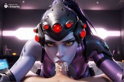 1boy 1boy1girl 1girls ai_generated blizzard_entertainment blowjob blue_skin bodysuit breasts clothed_female_nude_male colored_skin cum cum_in_mouth fellatio head-mounted_display hi_res indoors lips long_hair looking_at_viewer medium_breasts mole nude oral overwatch overwatch_2 penis ponytail pov purple_hair purple_lips purple_skin r34arts solo_focus straight tattoo uncensored widowmaker widowmaker_(overwatch) yellow_eyes