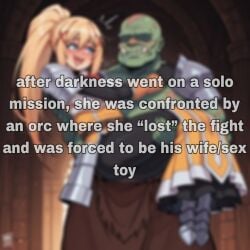 ai_generated balfaphico darkness_(konosuba) fat_man green_skin imminent_sex kono_subarashii_sekai_ni_shukufuku_wo! orc text ugly_man