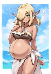 1girls beach big_belly bikini blonde_hair blue_eyes celica_(xenoblade_x) female long_ears looking_at_viewer pregnant rotomdocs solo swimsuit swimwear tan_skin xenoblade_(series) xenoblade_chronicles_x