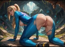 1girls ai_generated all_fours anus ass aurora4rt blonde_hair_female blue_eyes_female breast_cutout breasts crotch_cutout female_only from_behind hanging_breasts looking_back_at_viewer metroid nintendo nipples ponytail_female pussy samus_aran solo_female torn_bodysuit waterfall zero_suit_samus