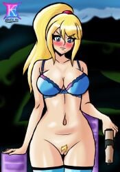 big_ass big_breasts big_butt blonde_pubic_hair blue_eyes blue_socks blush bottomless brassiere gun kex56_art landing_strip metroid mole mole_on_face pubic_hair pubic_tuft pussy samus_aran sexy_body sexy_clothing socks vulva yellow_hair