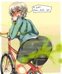 1girls amane_suzuha ass ass big_ass big_butt bike bike_shorts black_shorts blush braid braided_hair brown_hair english_text fart fart_cloud fart_fetish farting lazei looking_back open_mouth rear_view riding_bicycle shorts solo_female steins;gate text viewed_from_behind yellow_eyes