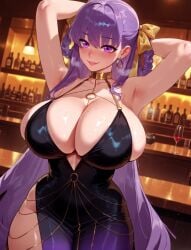 1girls ai_generated ai_video animated animation armpits arms_behind_head arms_up balecxi bb_(fate) bb_dubai_(fate) black_dress blush breasts cleavage dress earrings fate/extra_ccc fate/grand_order fate_(series) female huge_breasts jewelry kling_ai long_hair looking_at_viewer moving_breasts no_bra no_sound purple_eyes purple_hair smile solo stay_blocky tagme talking_to_viewer video