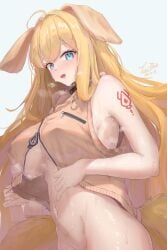 animal_ears arknights bottomless brigid_(arknights) dog_girl female floppy_ears no_panties tcm_bot underboob zipper