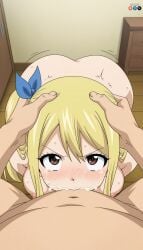 ai_generated ass blowjob blush cum_in_mouth fairy_tail hands_on_head kneeling lucy_heartfilia naked_female nude skinny skinny_girl sucking sucking_penis young younger_female