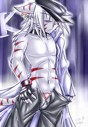 1boy 2010 barbs coat collar ear_piercing earring exposed feline furry fursona gloves hat jacket katsuke katsuke_(character) male male_only navel pants peeping penis piercing red red_eyes solo stripes teasing topless undressing white_fur white_hair