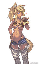 animal_ears areola bandeau blonde_hair blue_eyes breasts cameltoe clitoral_hood cutoffs denim_shorts fangs female fingerless_gloves food gloves hair heart ice_cream licking liru long_hair looking_at_viewer medium_breasts midriff navel ookamimimi open_mouth pinky_out ponytail pussy renkin_san-kyuu_magical_pokaan sefuart simple_background skimpy solo standing tail teasing thighhighs tied_hair tongue whisker_markings white_background wink wolf_tail