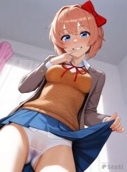 ai_generated cameltoe cowboy_shot doki_doki_literature_club from_below indoors lifting_skirt looking_at_viewer panties pussy_juice sayori_(doki_doki_literature_club) seacreator skirt smile solo upskirt wet_panties