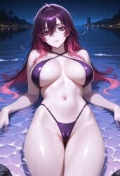 ai_generated ash_(soul_hackers_2) bikini black_bikini breasts dark_purple_hair female female_only large_breasts long_hair lying multicolored_hair night night_sky outdoors pink_hair pool purple_eyes soul_hackers_2 wet wet_body