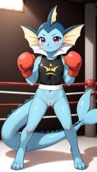 1girls 2025 ai_generated anthro blue_body blushing bottomless bottomless_female boxing boxing_gloves digitigrade eeveelution female female_only generation_1_pokemon hi_res indoors innie_pussy looking_at_viewer nintendo pokemon pokemon_(species) purple_eyes pussy smile vaporeon