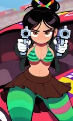 aged_up ai_generated big_breasts black_hair black_jacket bra brown_eyes brown_skirt clothed female female female_only gloves green_bra green_legwear guns jacket jacket_open looking_at_viewer open_jacket pixai pointing_gun_at_viewer ponytail sitting skirt slim_waist solo solo_female striped_bra striped_legwear tall_female vanellope_von_schweetz white_gloves wreck-it_ralph