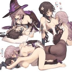 2girls absurdres ascot ass barefoot bead_necklace beads black_boots black_pantyhose black_sleeves blush boots breast_sucking breasts breath brown_hair closed_mouth commentary completely_nude cowgirl_position dress feet fingering flower flower_hairclip gloves grabbing_another's_breast green_dress green_eyes green_gloves grey_hair groping hair_ribbon hair_spread_out hat hat_flower herta_(honkai:_star_rail) high_heel_boots high_heels highres honkai:_star_rail honkai_(series) jewelry key key_necklace kneeling long_hair long_sleeves looking_at_another lying medium_breasts multiple_girls multiple_views necklace nipples nude on_back oofxyphxia panties panties_under_pantyhose pantyhose parted_lips pillow purple_eyes purple_flower purple_ribbon ribbon ruan_mei_(honkai:_star_rail) sweat the_herta_(honkai:_star_rail) thighs thumb_to_mouth toes top-down_bottom-up topless_female torn_clothes torn_pantyhose twitter_username underwear very_long_hair white_ascot witch_hat yuri