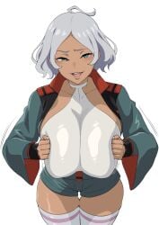 1girls asticassia_school_uniform big_ass big_breasts big_butt big_thighs cameltoe curvy dark-skinned_female dark_skin female green_eyes gundam gundam_suisei_no_majo hands_on_breasts huge_ass huge_breasts huge_butt huge_thighs inminent_sex iwao178 leotard lips looking_at_viewer open_mouth paizuri_invitation pov pov_eye_contact school_uniform secelia_dote short_hair thick_thighs thighhighs thighs white_hair white_leotard