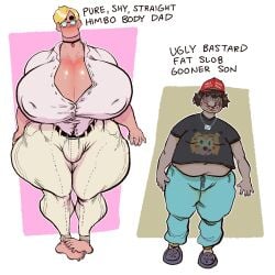 2boys blonde_hair bottom_heavy_male bulge busty_boy cleavage fat_man gigantic_breasts lewdbeef male_breasts muscular_male original sonichu sweaty_breasts thick_thighs voluptuous_male white_shirt wide_hips