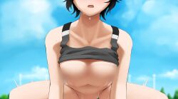 bare_shoulders black_hair black_sports_bra blue_sky blur_censor bottomless breasts censored clothes_lift collarbone commentary cowgirl_position cowgirl_position day female glint head_out_of_frame idolmaster idolmaster_(classic) kikuchi_makoto kodeyu navel open_mouth out-of-frame_censoring outdoors sex shirt_lift short_hair sky sports_bra straddling sweat teeth upper_teeth_only