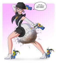 1girls bayonetta bayonetta_(character) black_hair diaper full_diaper light_skin messy_diaper platinum_games scat speech_bubble text