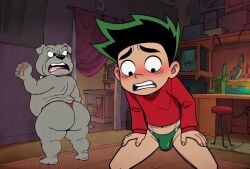 adjusting_clothes adjusting_underwear ai_assisted ai_generated american_dragon:_jake_long animated bulge bulge_through_clothing canine embarrassed embarrassed_underwear_male embarrassing_outfit exercise fu_dog_(character) gay green_thong green_underwear humiliation jake_long male male_only presenting_bulge push_ups pushups shiny_clothes shocked tagme thong thong_bikini thong_only underwear undieboi22 video