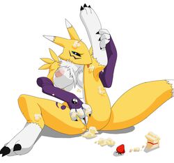 anthro birthday breasts cake canine chest_tuft digimon female fox fur furano furry licking looking_at_viewer messy pussy raised_leg renamon solo strawberry tail tongue