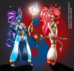 2008 2girls bell black_mage breasts color couple covering_self female female_only final_fantasy fur furry hellbender_dx_(commissioner) magic markings moogle multiple_girls polearm pussy s0lar1x staff text video_games white_mage wings