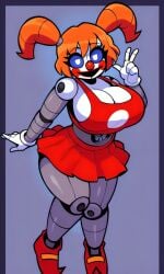 ai_generated alternate_design animatronic animatronic_female bangs blue_eyes blush_stickers busty circus_baby circus_baby_(fnaf) clothed clothed_female clown clown_girl clown_nose crop_top curvy female female five_nights_at_freddy's five_nights_at_freddy's:_sister_location ginger ginger_hair gloves grey_skin joints large_breasts multicolored_skin orange_hair pale_skin pixai red_cheeks red_crop_top red_nose red_shoes red_skirt robot robot_girl robot_humanoid robot_joints shoes shoulder_length_hair skirt tall_female twintails white_gloves white_pupils white_skin